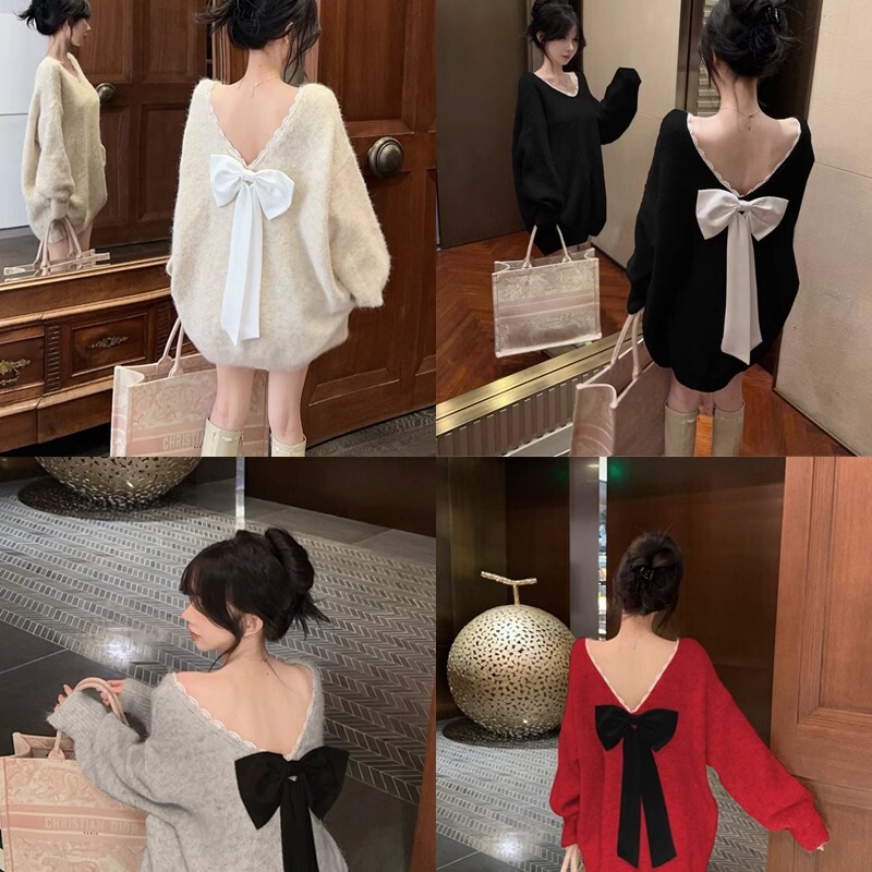 Chanel-Style Bow-Knot Lazy Sweater for Women, Autumn and Winter High-End Off-Shoulder Top, Mid-Length Christmas Knitwear
