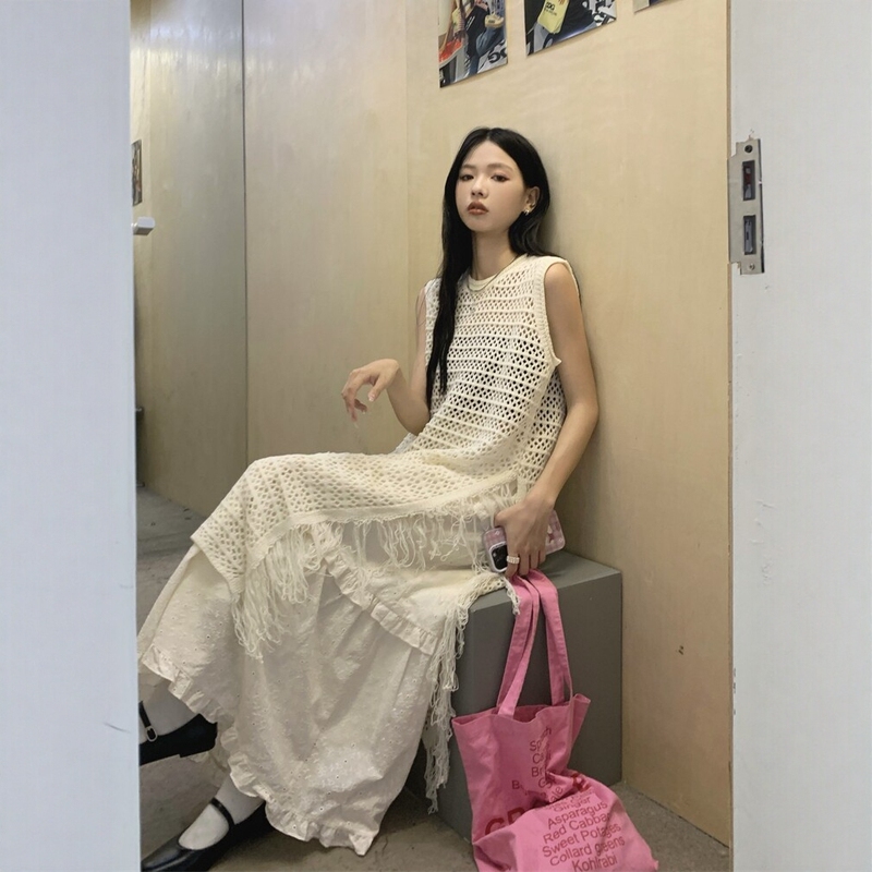 Plus Size Women's Spring and Summer Korean Style Hollow-Out Fishnet Slit Tassel Layered Tank Dress, Unique Mid-Length Style