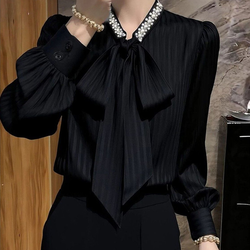 Black French-Style Bow Long-Sleeve Unique Shirt for Women, 2026 Spring and Autumn New Fashion, Elegant and Loose Top, Trendy Black French-Style Bow Long-Sleeve Unique Shirt for Women, 2026 Spring and Autumn New Fashion, Elegant and Loose Top, Trendy