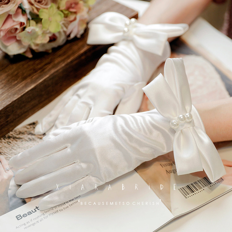 New wedding French elegant vintage Hepburn style bow pearl satin gloves bridal white gauze accessories short