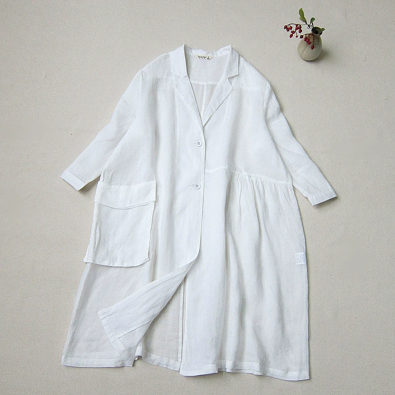 Áo khoác len mỏng cardigan của phụ nữ Nhật Bản mùa hè vải lanh mỏng phù hợp với cổ áo rời áo khoác giản dị áo khoác chống nắng đơn giản - Trench Coat