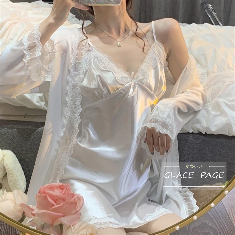 GLACE PAGE ICE RIBBON Sleepwear Woman Spring Summer Sexy Pure Desire Wind Lace Pyjamas Sleeping Gown Home Suit Suit