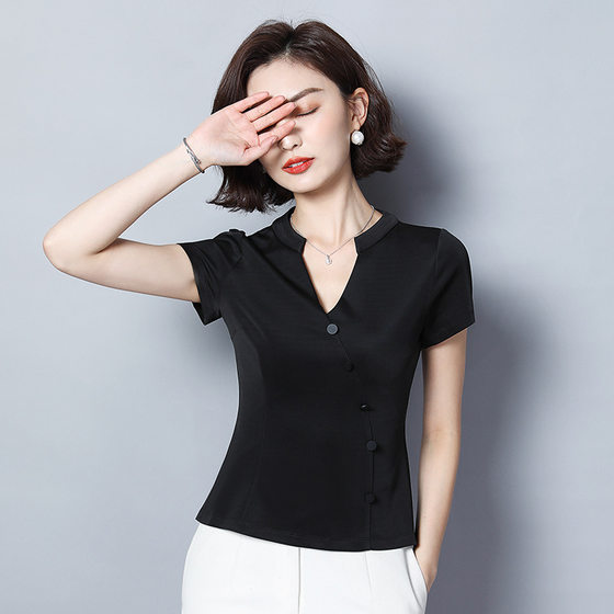 Chiffon shirt women's short-sleeved T-shirt summer new cover belly waist top temperament slim V-neck shirt foreign style small shirt