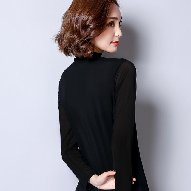 New style high-necked bottoming shirt women's spring and autumn long-sleeved western style black top thin section all-match hollow mesh small shirt