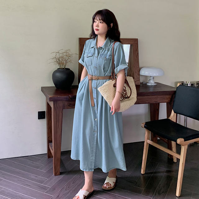 Denim dress ແມ່ຍິງ 2023 summer ແບບໃຫມ່ 220 pounds fat mm ສາຍແອວຂະຫນາດໃຫຍ່ແອວແອວ retro slim ເສື້ອ dress