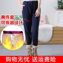 2019 autumn and winter men and women outdoor assault pants detachable Lamb hair inner plus velvet soft shell pants waterproof and windproof