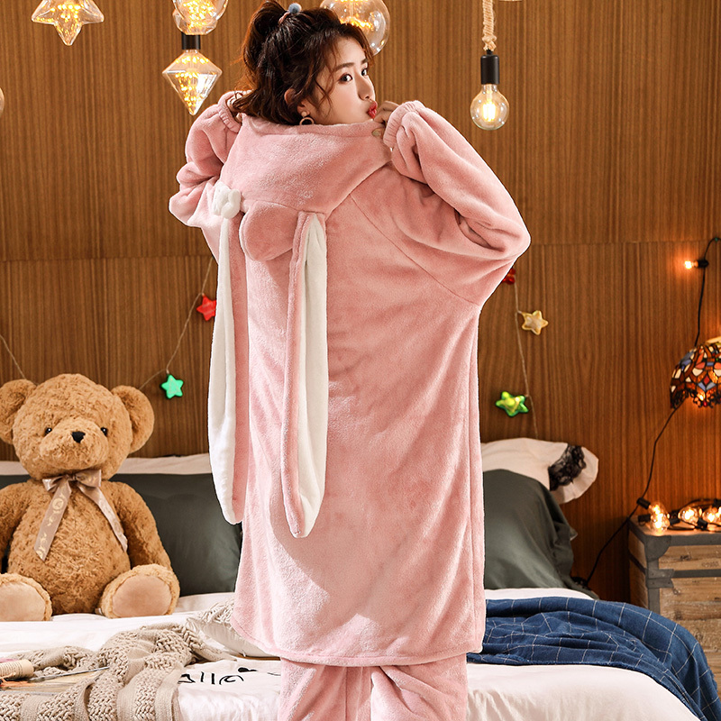 Rabbit Ears Flannel Nightgown Set Hooded Women's Autumn and Winter Long Bathrobe Morning Robe Home Large Size Pajamas Rabbit Ears Flannel Nightgown Set Hooded Women's Autumn and Winter Long Bathrobe Morning Robe Home Large Size Pajamas