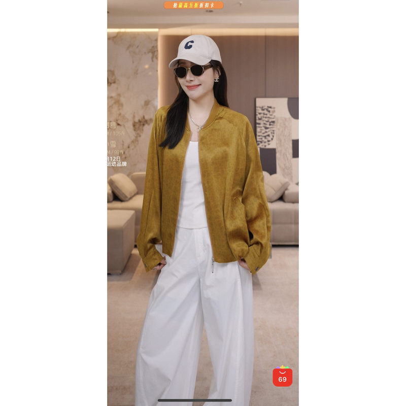 【Yuan】(Length 59) Retro Style Yellow Zipper Short Jacket for Women Loose Jacket Top L90672