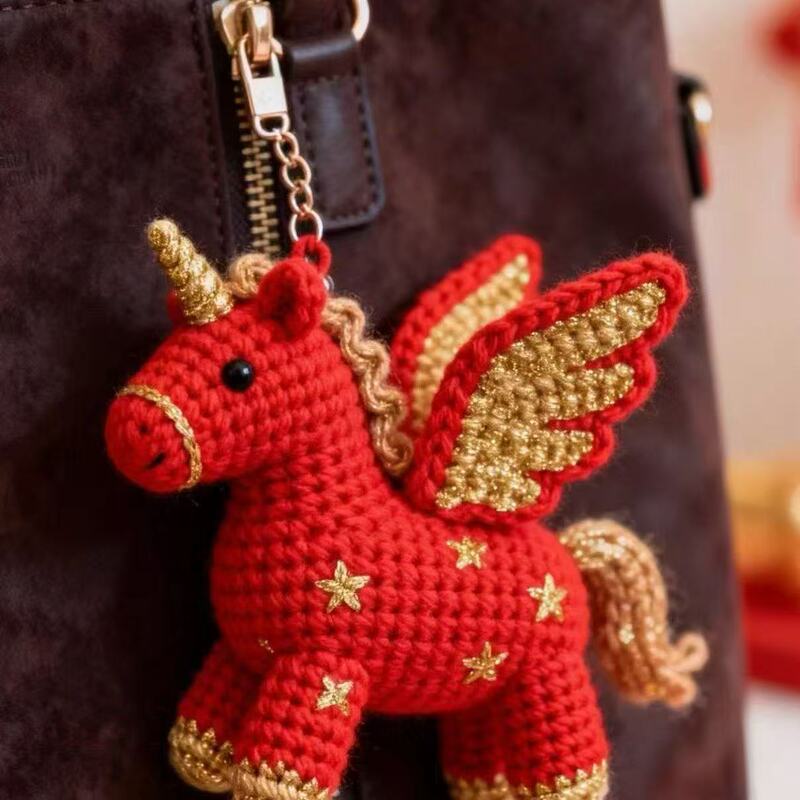 (Finished Product) Original New Product, Festive Red Gold Pony Handmade DIY Knitted Doll Pendant, New Year Decoration Gift