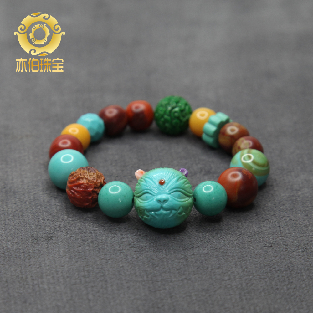 Also Berber natural raw mine green pine stone original Seiko sculpted kitty cat head Awakening Lions handmade with beads Doobao Pearl