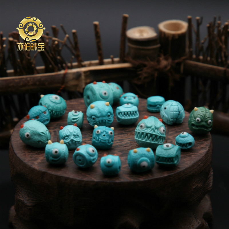 Also Hubei Original Mining High Porcelain High Color Green Pine Stone Original Design Little Monster Mermaid Round Pearl Bucket Bead Pendant