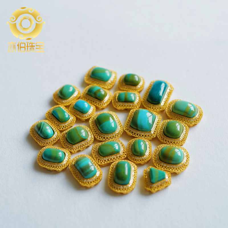 Original Turquoise with Water Ripple Pattern, Gold-Plated, Gold-Rolled, Diamond-Encrusted DIY Bracelet Accessories