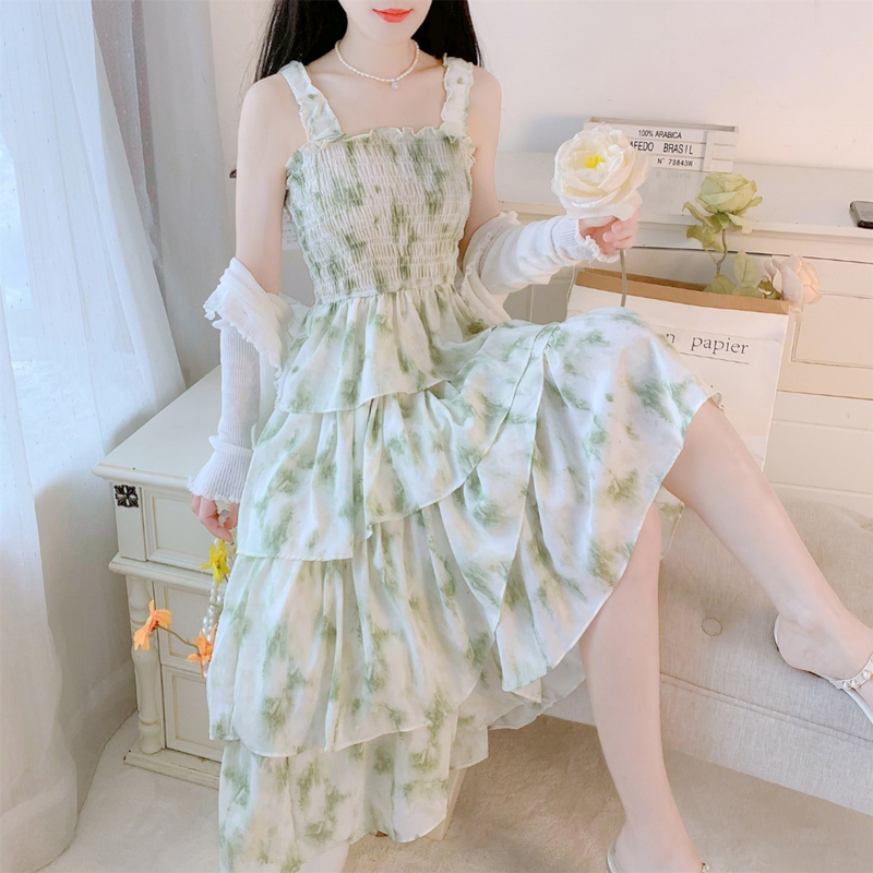 Summer New Style Elegant Green Spaghetti Strap Dress Women's Floral Beach Long Dress Set Seaside Vacation Tiered Dress