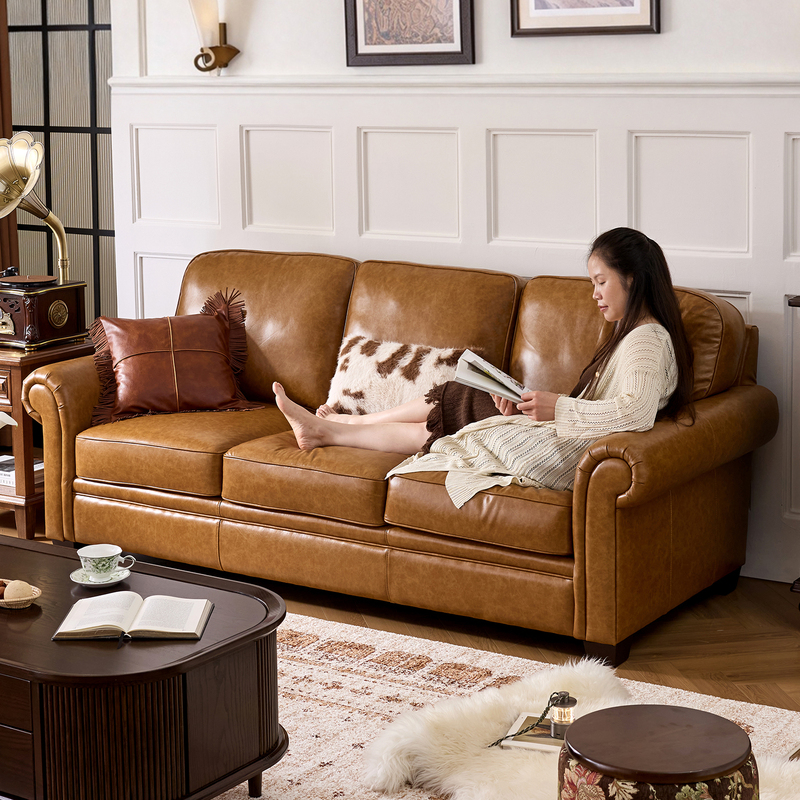 Kanas Simple and Beautiful Caramel Color First Layer Oil Wax Leather Sofa with Curved Armrests, Genuine Leather Sofa for Large Living Rooms