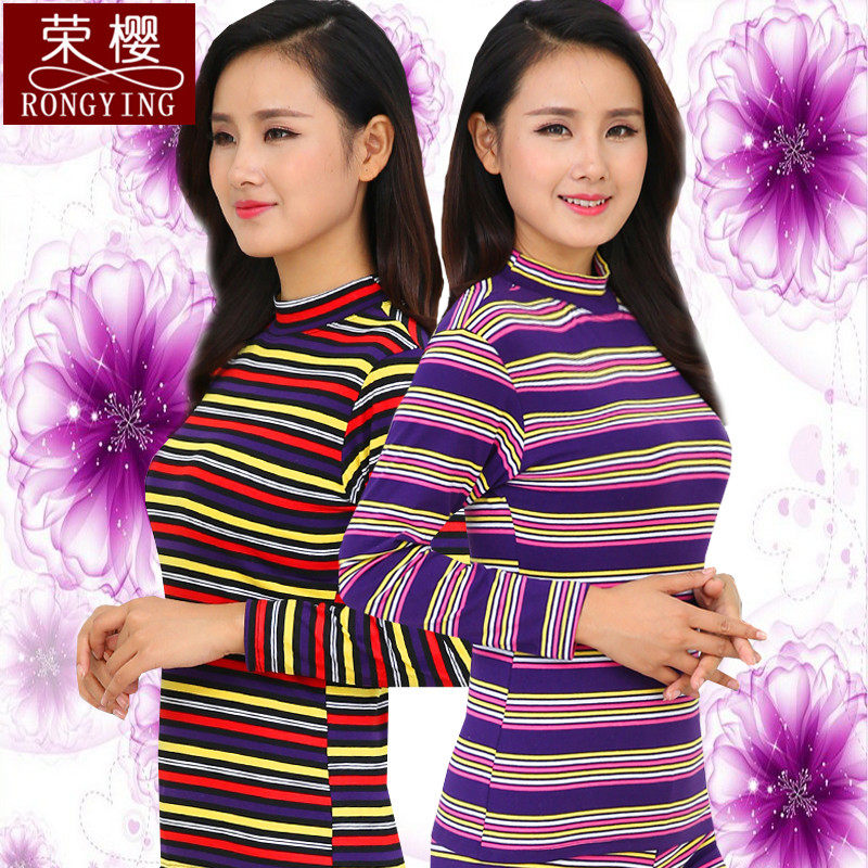 Heating Clothes Lady Slim Fit Pure Cotton Semi-High Collar Autumn Clothes Women Color Striped Inside Lap blouse One-piece Mother Dress