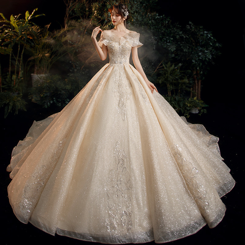 Starry Sky Maternity Off-Shoulder Wedding Dress 26 New Style Elegant Bride French Heavy Craftsmanship Luxurious Court Style with Train Summer L