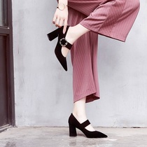 2021 New Korean spring and summer single shoes womens middle heel heels fashion pointed black buckle high heels