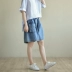 Tự nhiên sản xuất văn học giản dị rửa denim màu xanh cơ bản quần short chân rộng mùa hè KA2416 - Quần short