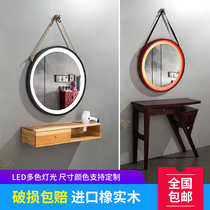 Beauty salon mirror barbershop Solid wood mirror LED lamp hair salon photo studio makeup wall hanging single mirror