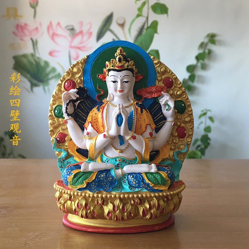 Four-armed Guanyin portable small Buddha statue hand-painted Guanyin Bodhisattva Tibetan Tantric Buddha statue auspicious price