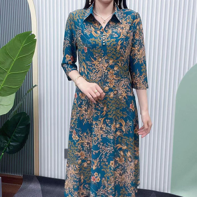 Summer New Style Three-Quarter Sleeve Lapel Dress, Stylish and Slim-Fitting Mid-Length Dress for Women, Slimming Mother's Wear Summer New Style Three-Quarter Sleeve Lapel Dress, Stylish and Slim-Fitting Mid-Length Dress for Women, Slimming Mother's Wear