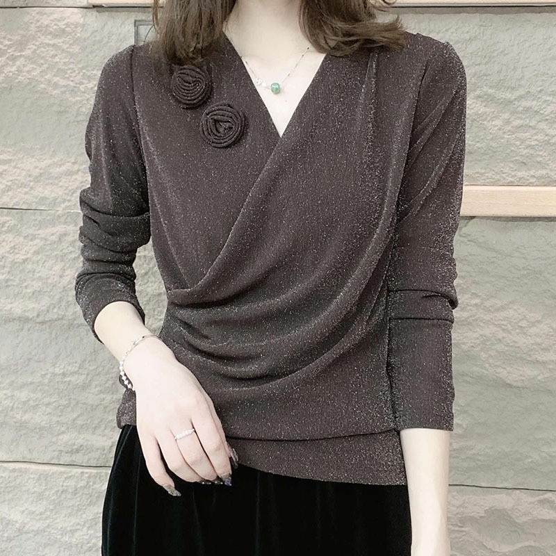 Autumn New Product V-Neck Stylish Versatile Elegant Age-Reducing Base Shirt Women's Shiny Long-Sleeve Slimming T-Shirt Top