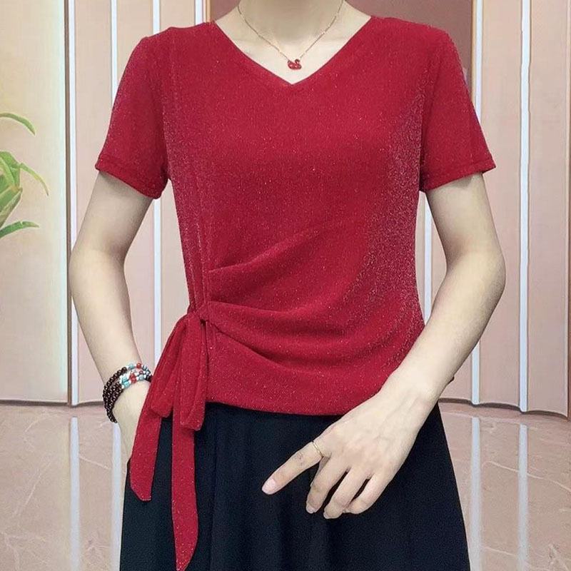 Spring and Summer New Style Elastic V-Neck Ribbon Versatile Slimming Short-Sleeved Top Women's T-Shirt Slim Fit Fashionable Elegant Blouse