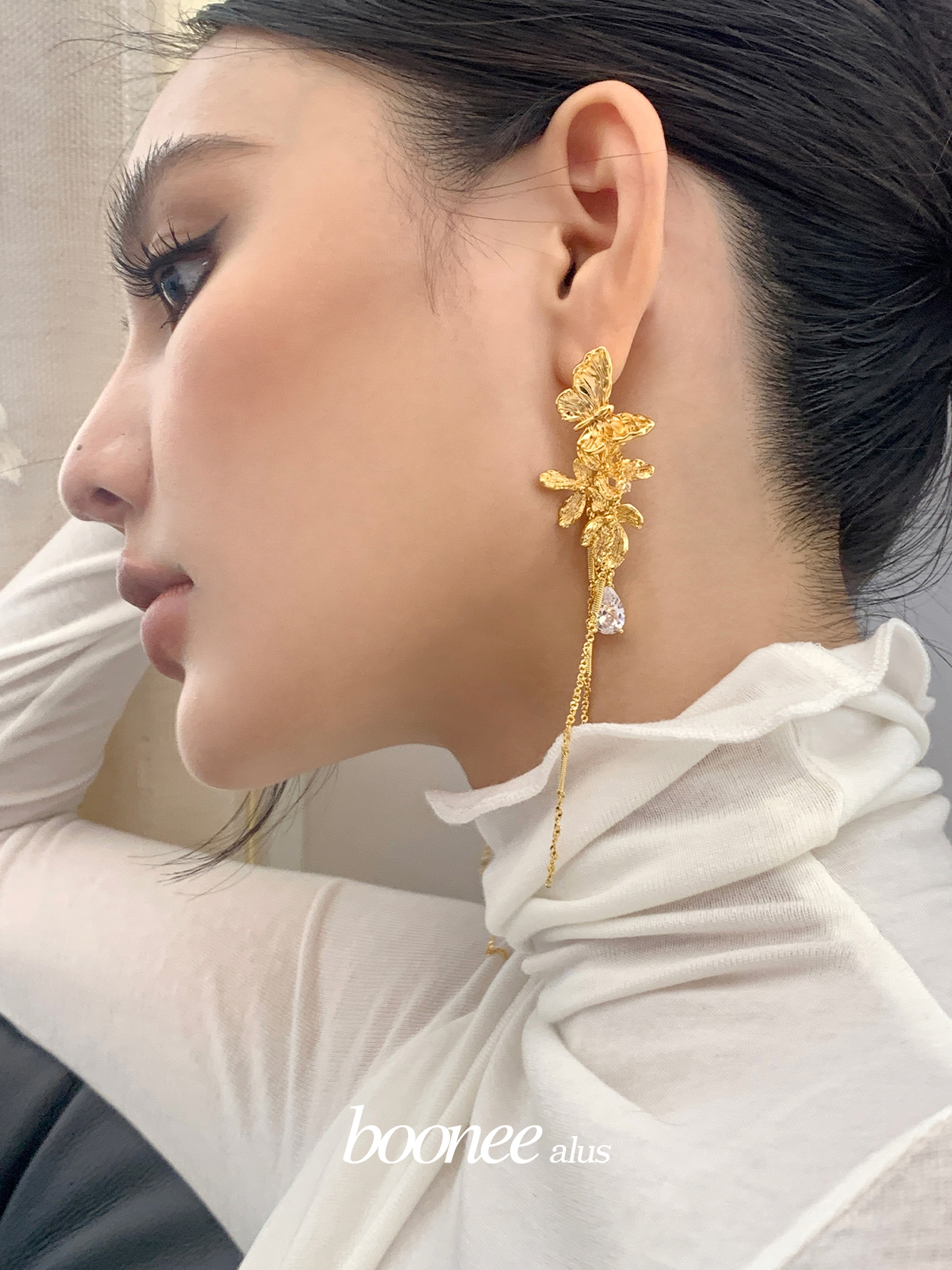 Boonee alus2023 Autumn and Winter New High-end Earrings Two-wear Romantic Butterfly Flower Tassel Earrings