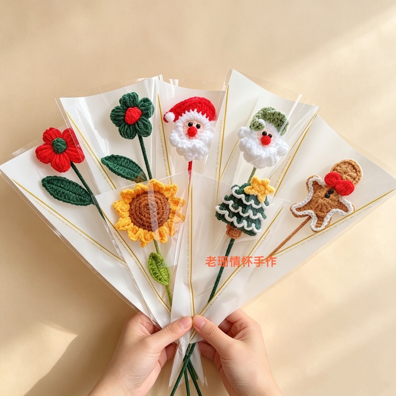 Finished Santa Claus Christmas Handmade Yarn Knitted Flower Single Bouquet Festive Event Small Gift Idea