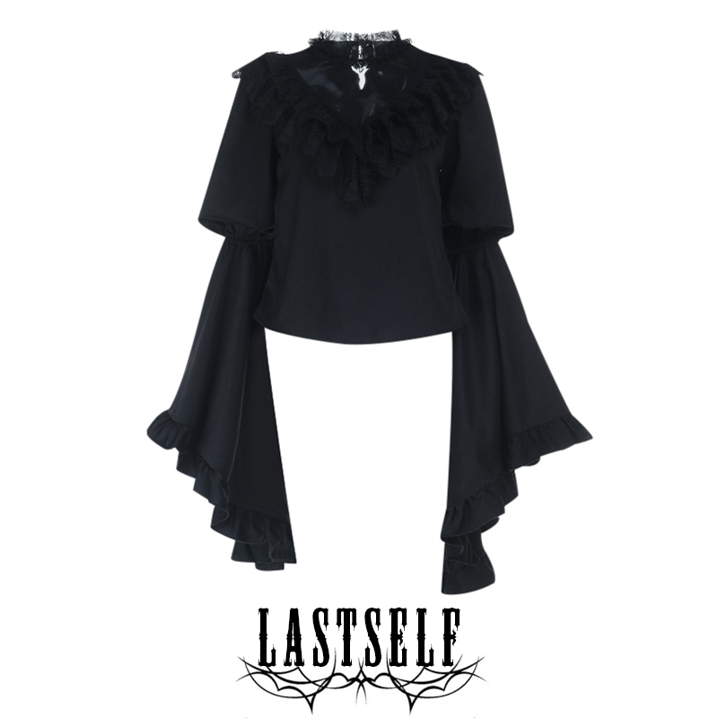 Lastself Twilight Party Gothic Retro Lace Splicing V Neck Flared Long-Sleeved Shirt Feminine Top