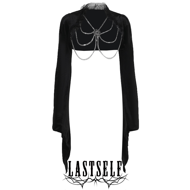 Lastself Abyssal Shackles Dark Style Velvet Top Gothic Flared Sleeve Chain Ultra-Short Blouse for Women