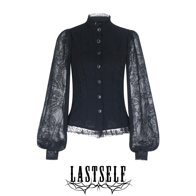 Lastself Ancient Castle Noble Retro Gothic Style Lace Patchwork Shirt for Women Black Stand Collar Long Sleeve Button-Up Shirt