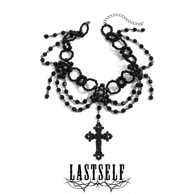 Lastself Curses Saintess with a cross-shaped charm, choker dark crystal bead necklace, Gothic style collar