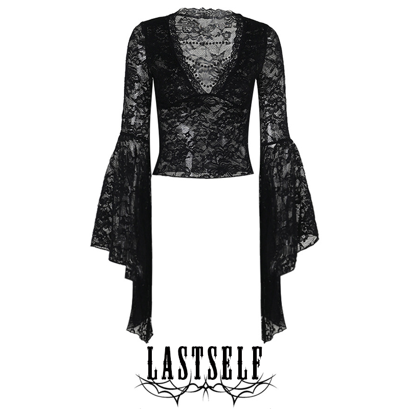 Lastself Evil Witch Dark Style Sexy Deep V-Neck Slim Lace Blouse Flared Long Sleeve Top for Women