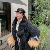 2021 new fox hair raccoon hair woven fur coat medium long large lapel contrast color fur coat female