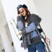 Denim Faux Fur Áo khoác ngắn Da cừu Lông Một cổ áo lớn Phụ nữ thường ấm áp lót sang trọng