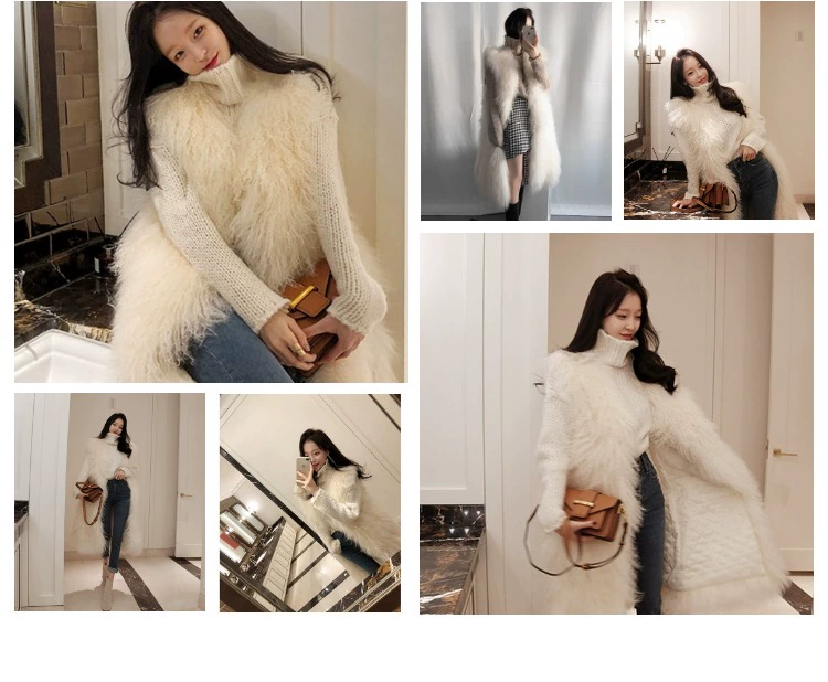 Thanh lịch và thanh lịch khí bãi biển len của phụ nữ triều dài màu be vest Hàn Quốc mới dày fur fur vest