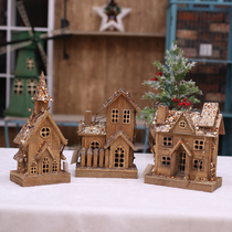 Christmas Wood Adornment Wooden Tower House Luminous Small Castle Handicraft Retro Scene Home Swing