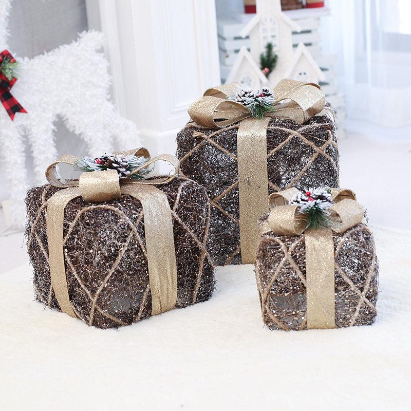 Christmas hemp silk gift box decoration wrought iron gift box three-piece hotel scene decoration decoration shopping mall window