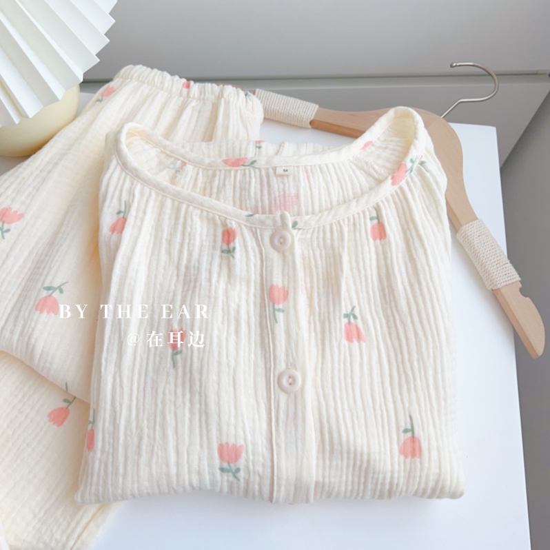 Cream-Style Floral Cotton Gauze Pajamas for Women, Spring and Autumn, Round Neck, Double-Layer Baby Gauze Loungewear Set, All Cotton Cream-Style Floral Cotton Gauze Pajamas for Women, Spring and Autumn, Round Neck, Double-Layer Baby Gauze Loungewear Set, All Cotton