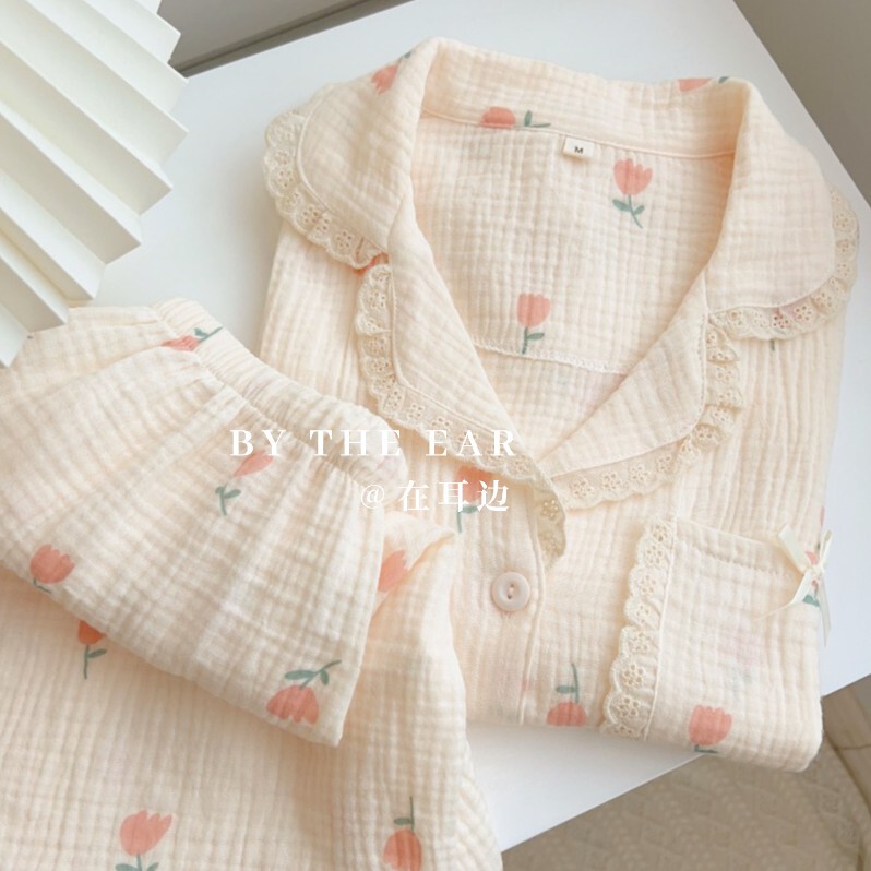 Creamy Little Tulip | Cotton Gauze Pajamas for Women, Spring and Summer, Pure Cotton Short-Sleeve Shorts, Double-Layer Gauze, Cute Homewear