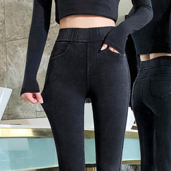 Small eight-point leggings for women, spring thin velvet, large size, high waist, slimming, tight little feet, nine-point pencil pants for outer wear