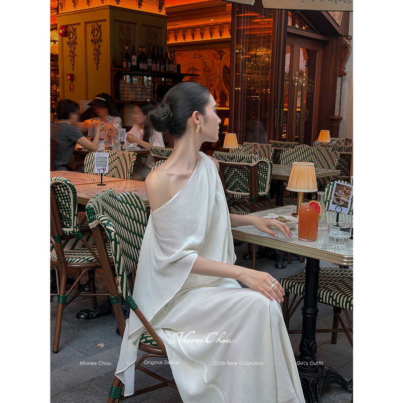 Zhou Shishi【Aofa Manor】Lyocell French-Style Lazy Chic Ribbon Sleeveless Off-Shoulder White Loose Dress