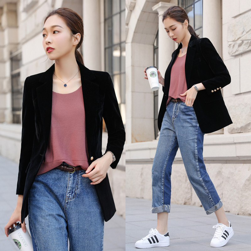 Women's velveteen jacket 2020 spring small western-fitting mid-length slimming commuter casual long-sleeved suit jacket trendy