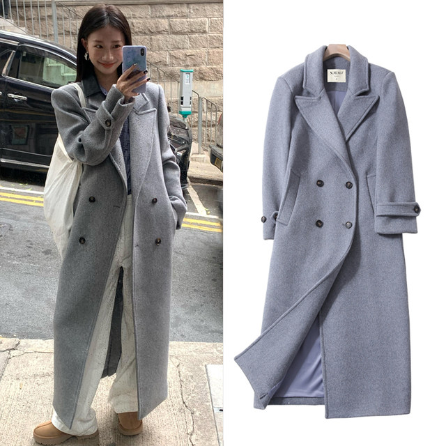 FBB WORKS 高个子羊毛灰色正肩毛呢外套女秋冬长款高级感呢子大衣