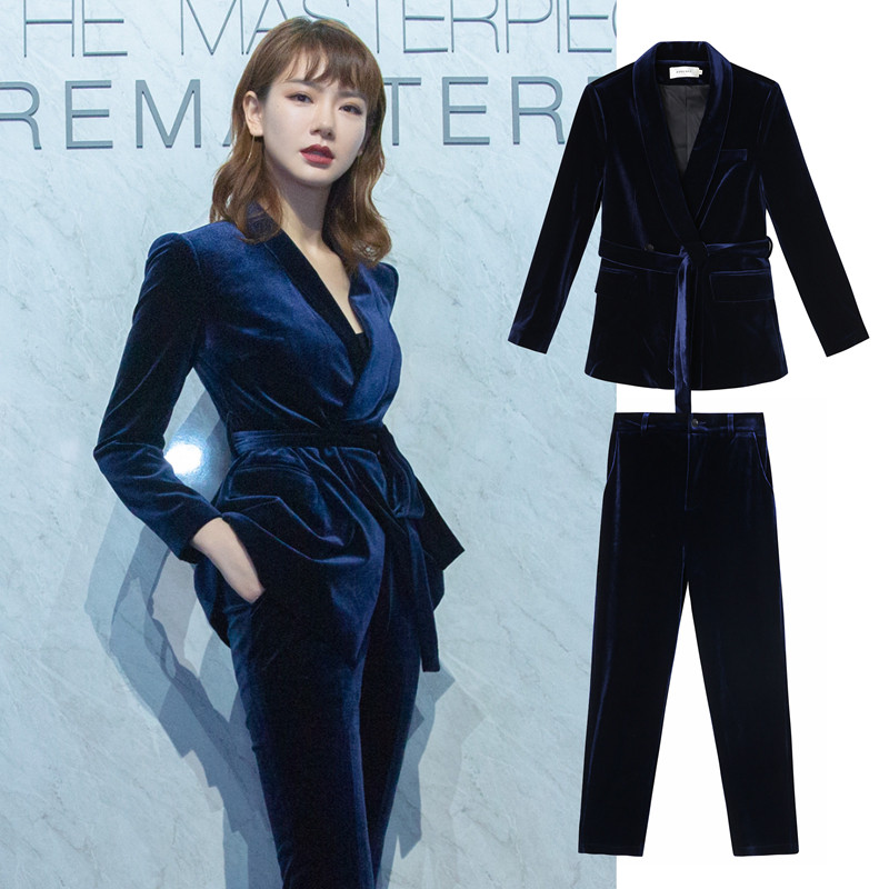 Qi Wei Tongxiu Yinglun Wind Body Fashion Fashion Career Laces Minor West Suit Two Sets Gold Velvet Suits Suit Women Spring