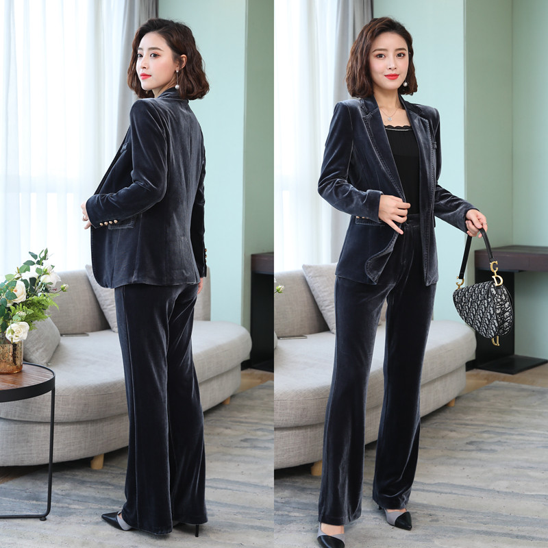 2020 spring new gold velvet fashion suit big size Korean version suit interview two sets of slim fit women's wave