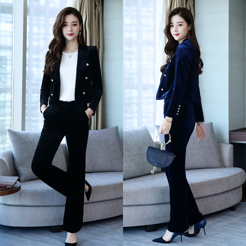 Gold Velvet Suit Jacket Woman Spring Autumn New body Slim Fit Slim Double buckle Short Western suit jacket Two sets