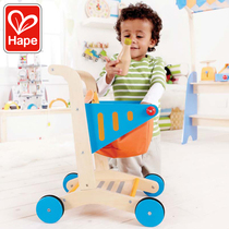 Hape shopping cart baby wooden four-wheel trolley Childrens House simulation mini supermarket cart toy