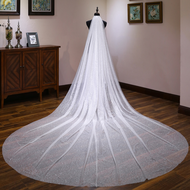 Champagne star veil female bride long tail wedding dress wedding veil headdress long version super fairy forest white